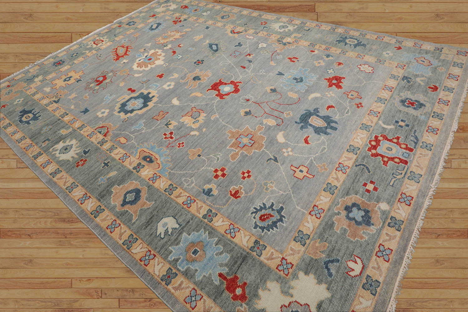 Annwyl 9x12 Slate,Celadon Hand Knotted All-Over Wool Oushak Arts & Crafts  Oriental Area Rug
