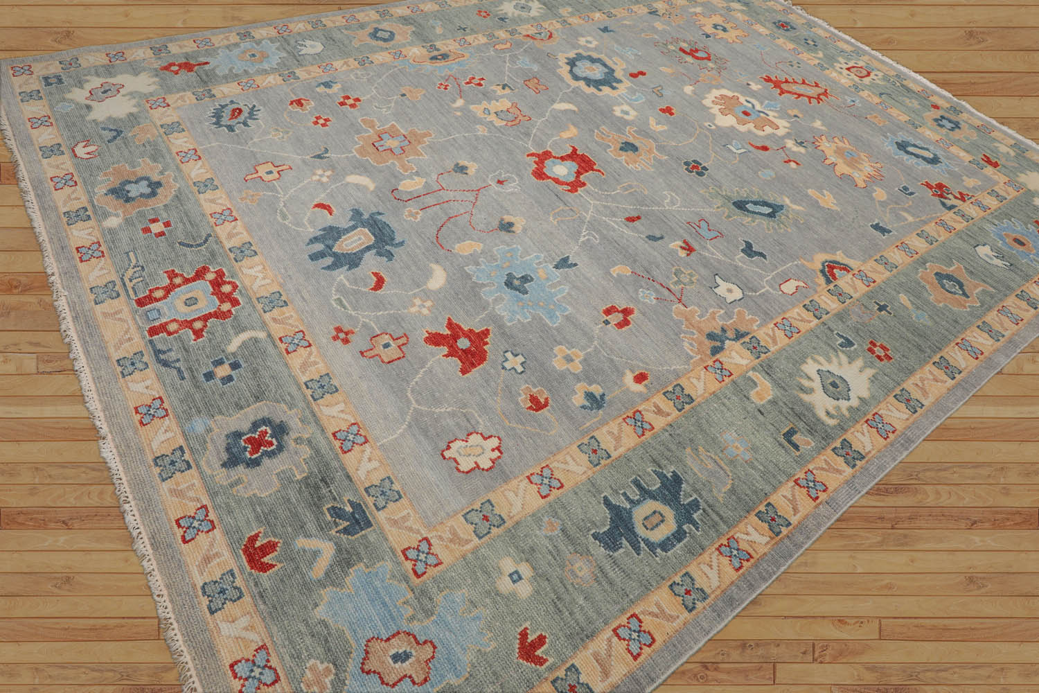 Annwyl 9x12 Slate,Celadon Hand Knotted All-Over Wool Oushak Arts & Crafts  Oriental Area Rug