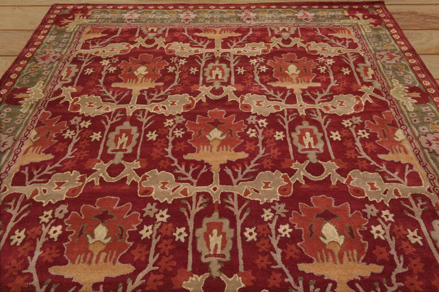 8 x 10 Red Sage Tan Color Hand Tufted William Morris 100% Wool Arts & Crafts Oriental Rug