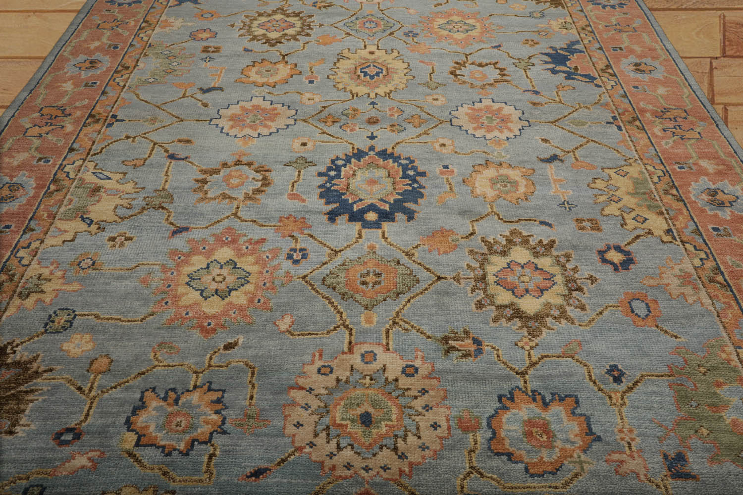 9 x 12 Blue Peach Light Gold Color Hand Knotted All-Over 100% Wool Traditional Oriental Rug