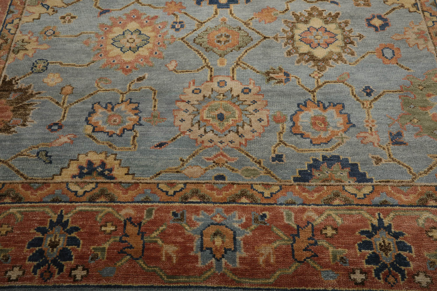 8 x 10  Blue Peach Light Gold Color Hand Knotted All-Over 100% Wool Traditional Oriental Rug