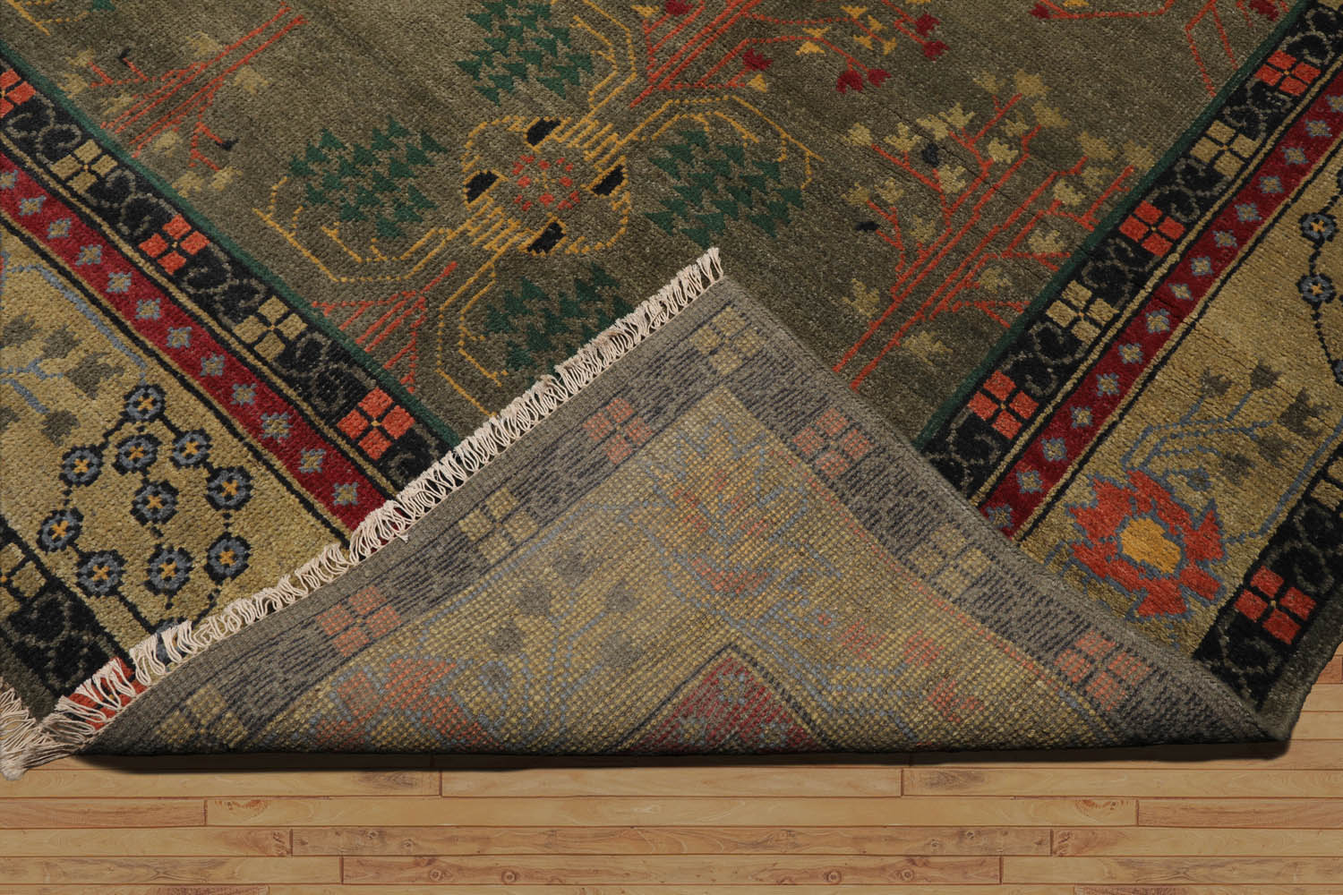 Tildon Multi Size Olive Green Hand Knotted Arts & Crafts/Mission Donegal Wool Oriental Area Rug