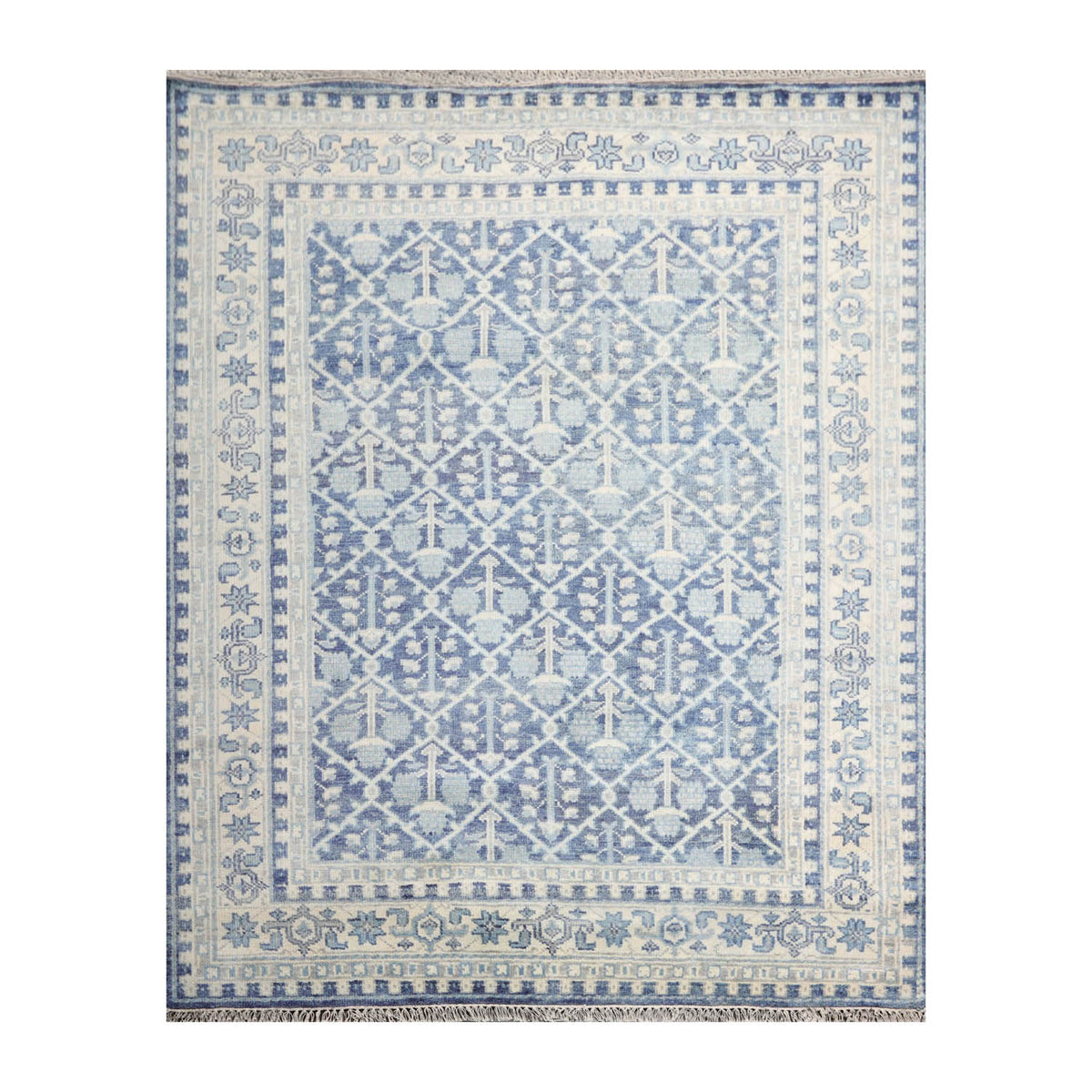 9 x 12  Blue Cream Gray Color Hand Knotted All-Over 100% Wool Transitional Oriental Rug