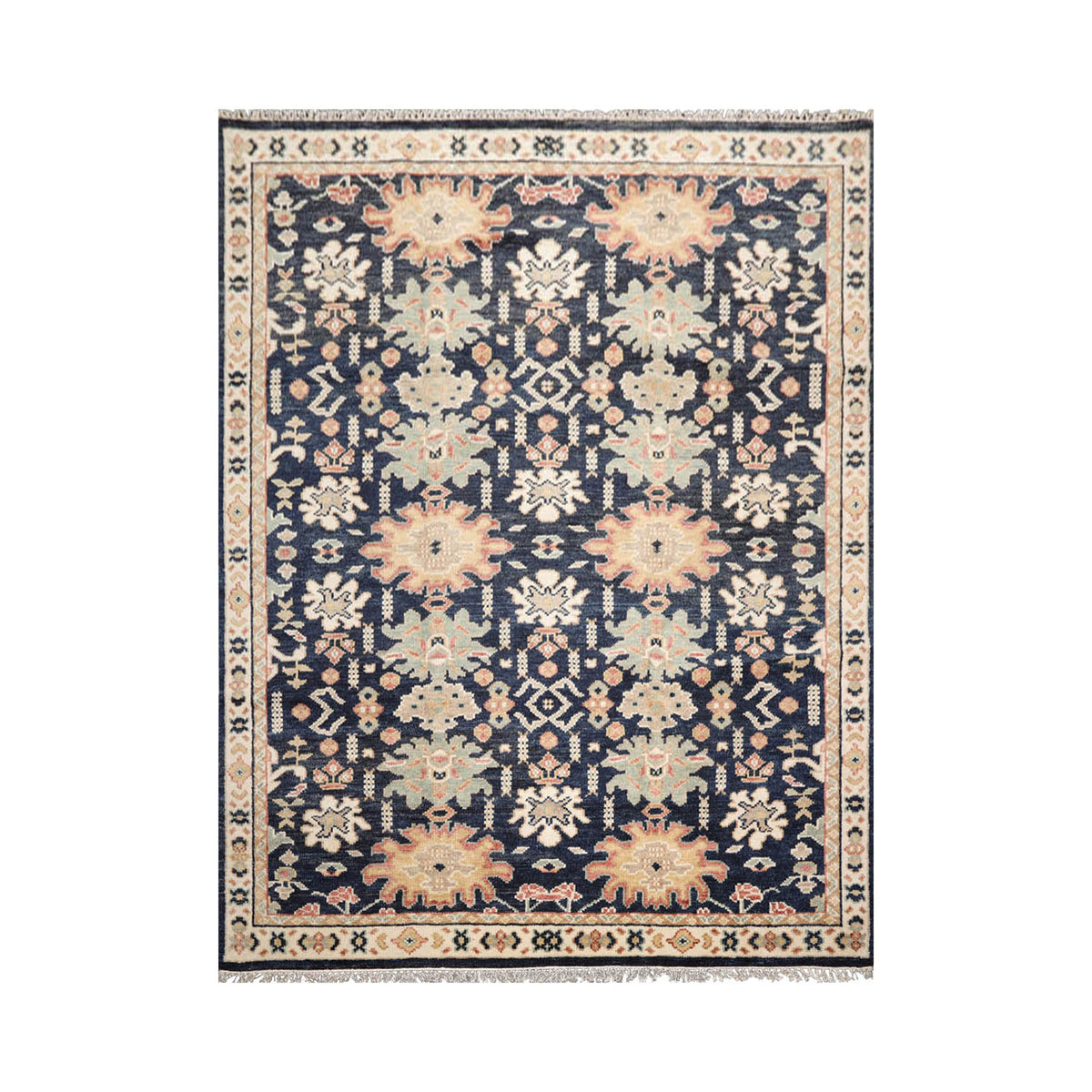 8 x 10  Navy Beige Mint Color Hand Knotted All-Over 100% Wool Transitional Oriental Rug