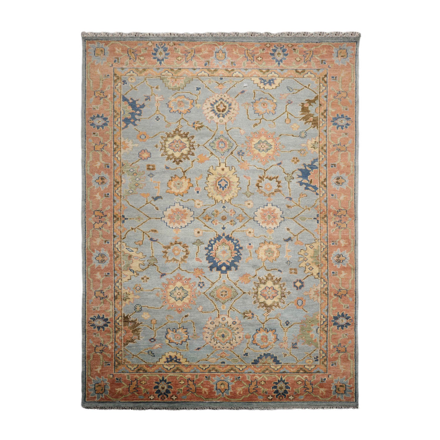 8 x 10  Blue Peach Light Gold Color Hand Knotted All-Over 100% Wool Traditional Oriental Rug