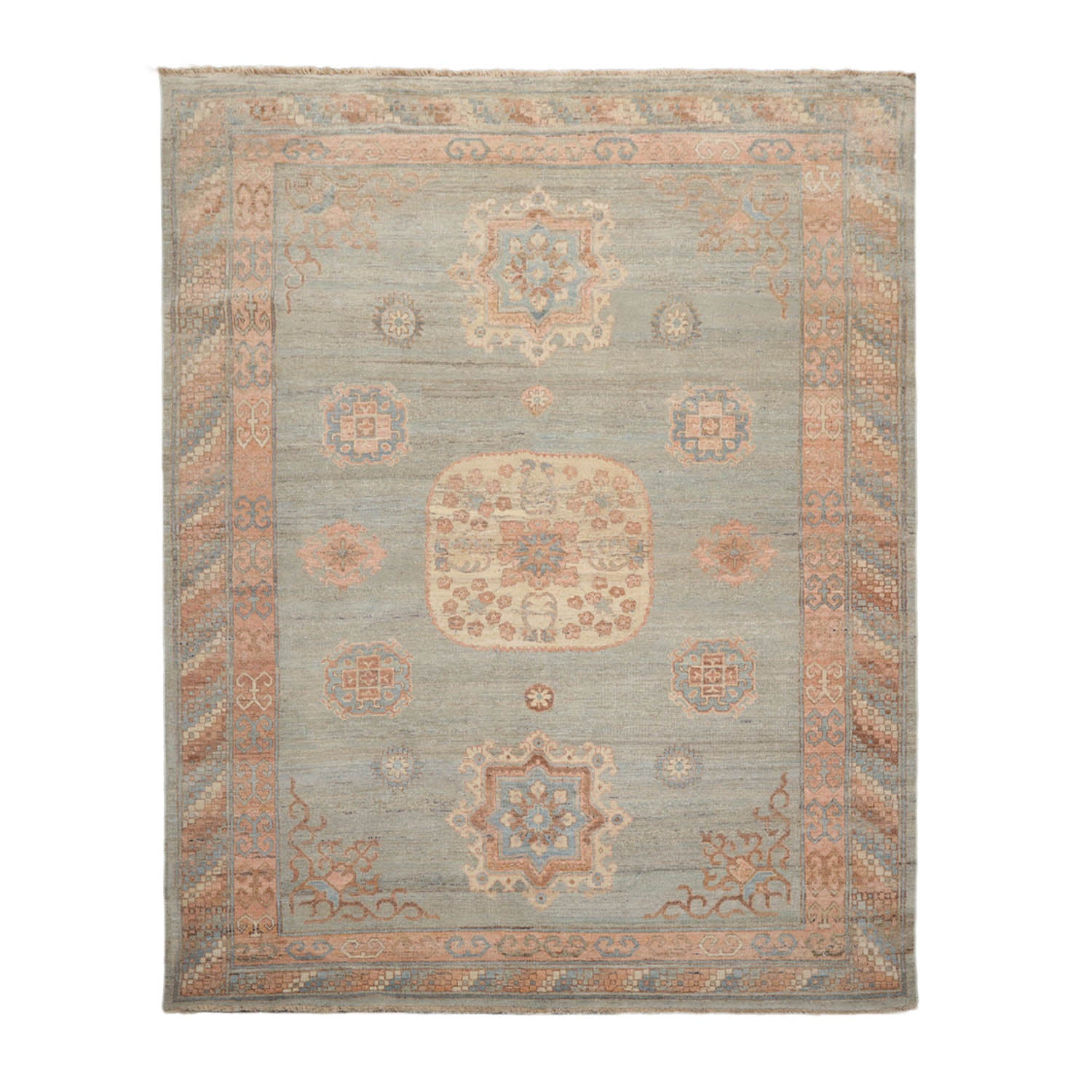 8x10 Mint, Blush, Brown Color Hand Knotted All-Over 100% Wool Traditional Oriental Rug