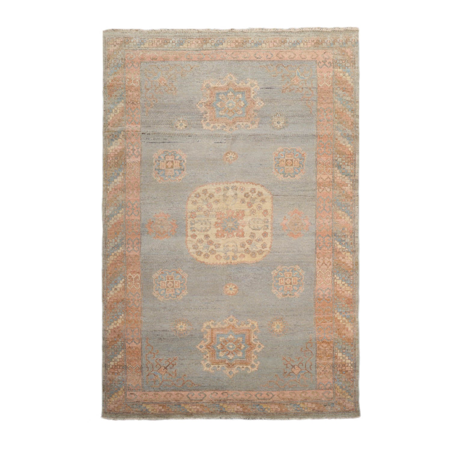 6x9 Mint, Blush, Ivory Color Hand Knotted All-Over 100% Wool Traditional Oriental Rug