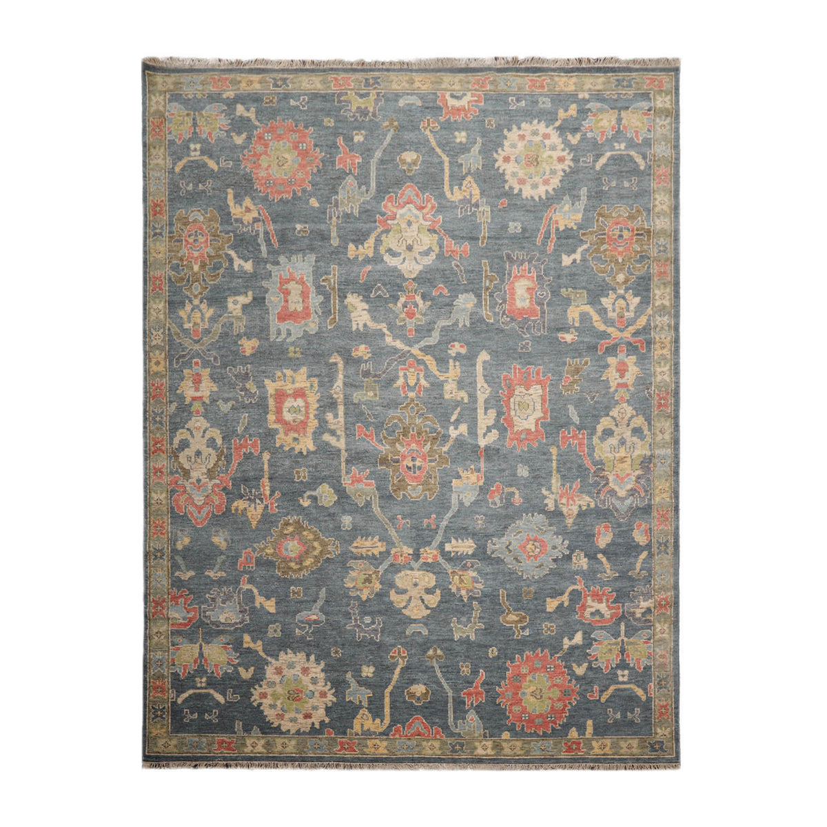 10' x14'  Blue Gray Salmon Color Hand Knotted Oushak 100% Wool Traditional Oriental Rug