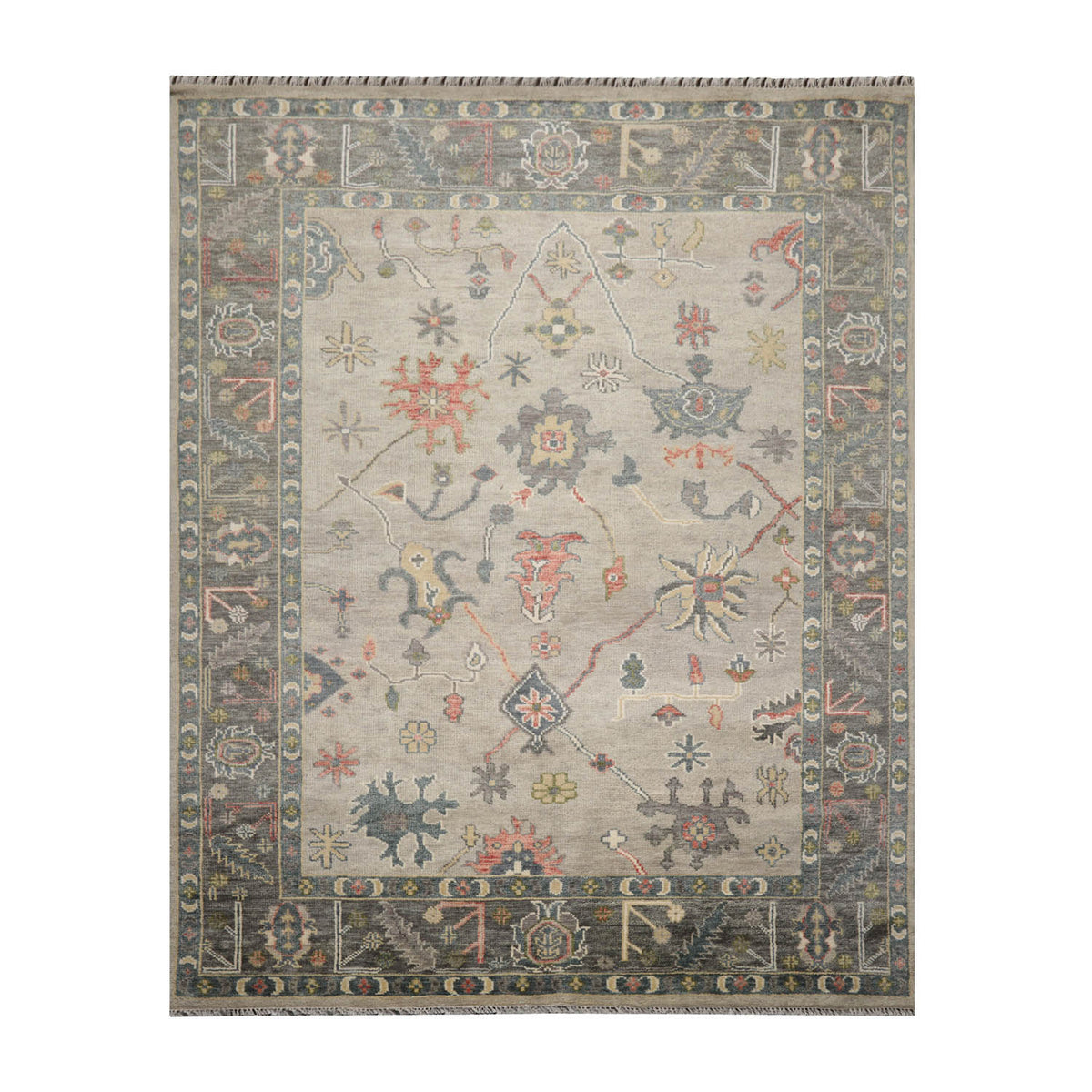 9 x 12  Gray Beige Teal Color Hand Knotted All-Over 100% Wool Traditional Oriental Rug