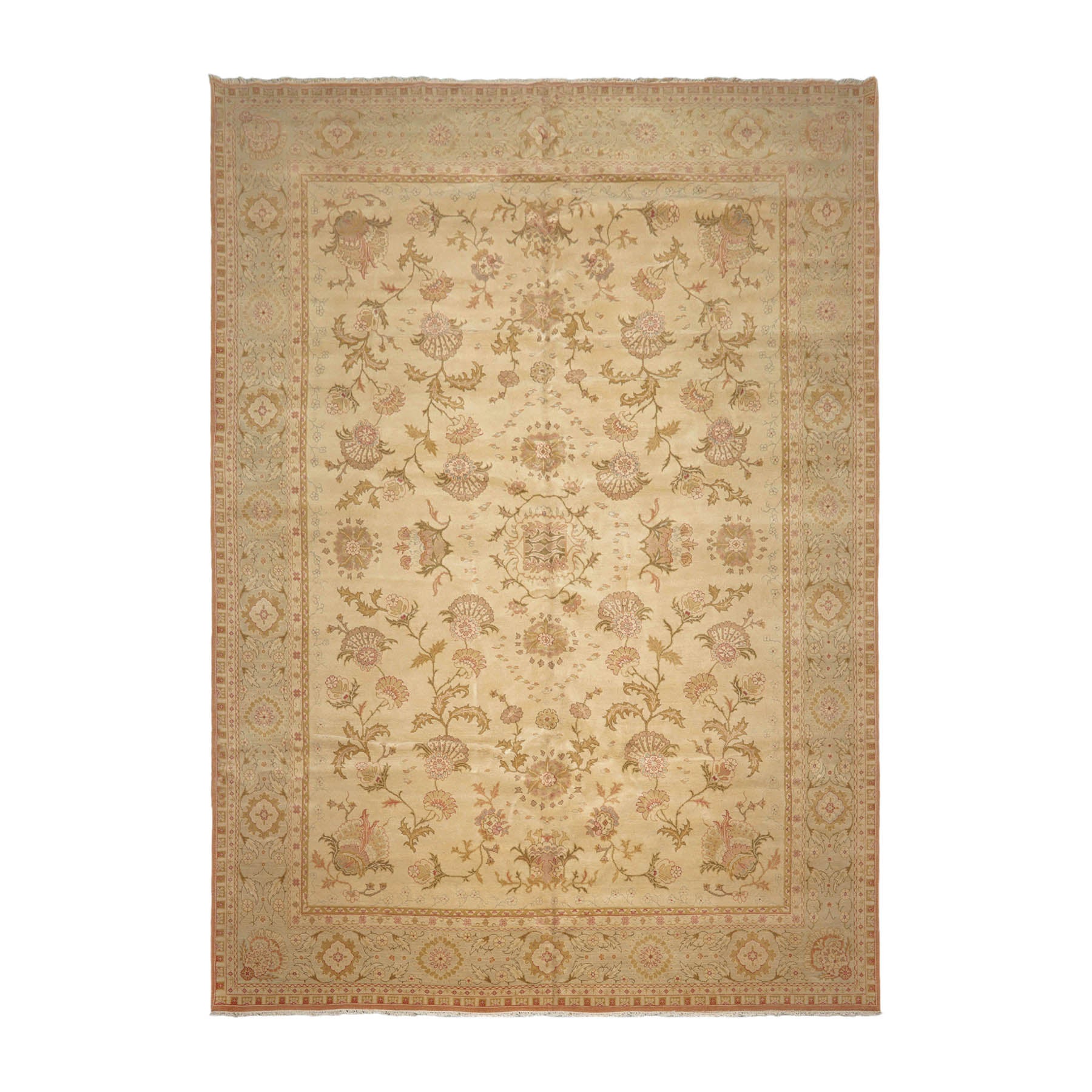 10' x14' 1'' Beige Blush Green Color Hand Knotted All-Over 100% Wool Traditional Oriental Rug