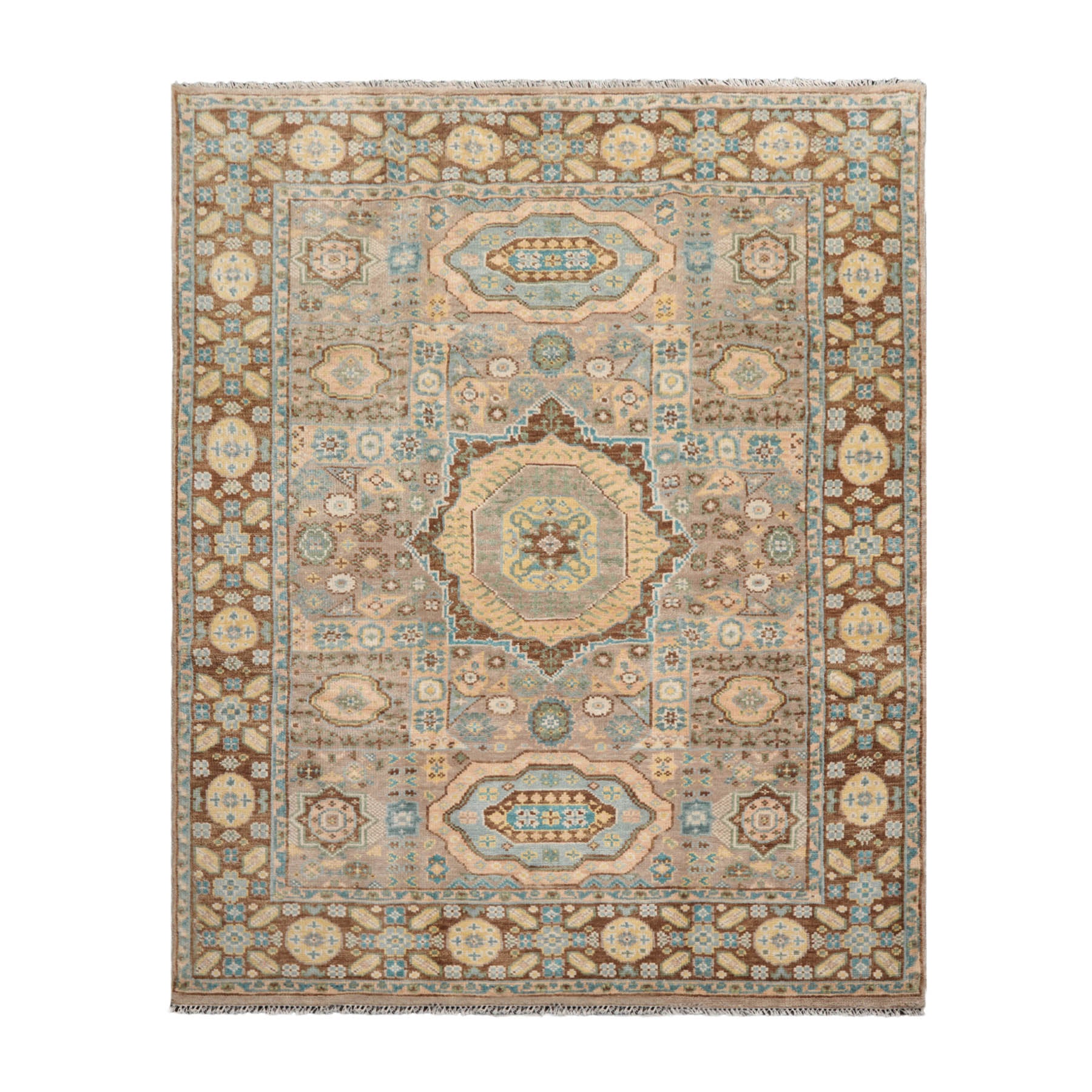 8' x10'  Taupe Teal Gold Color Hand Knotted All-Over 100% Wool Traditional Oriental Rug