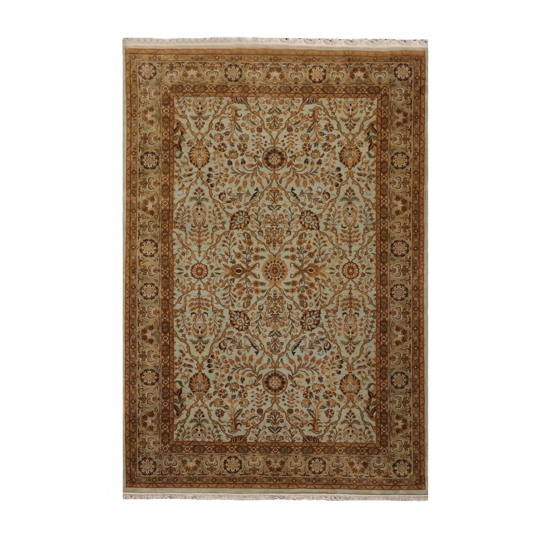 6x9 Aqua, Champagne, Brown Color Hand Knotted All-Over 100% Wool Traditional Oriental Rug