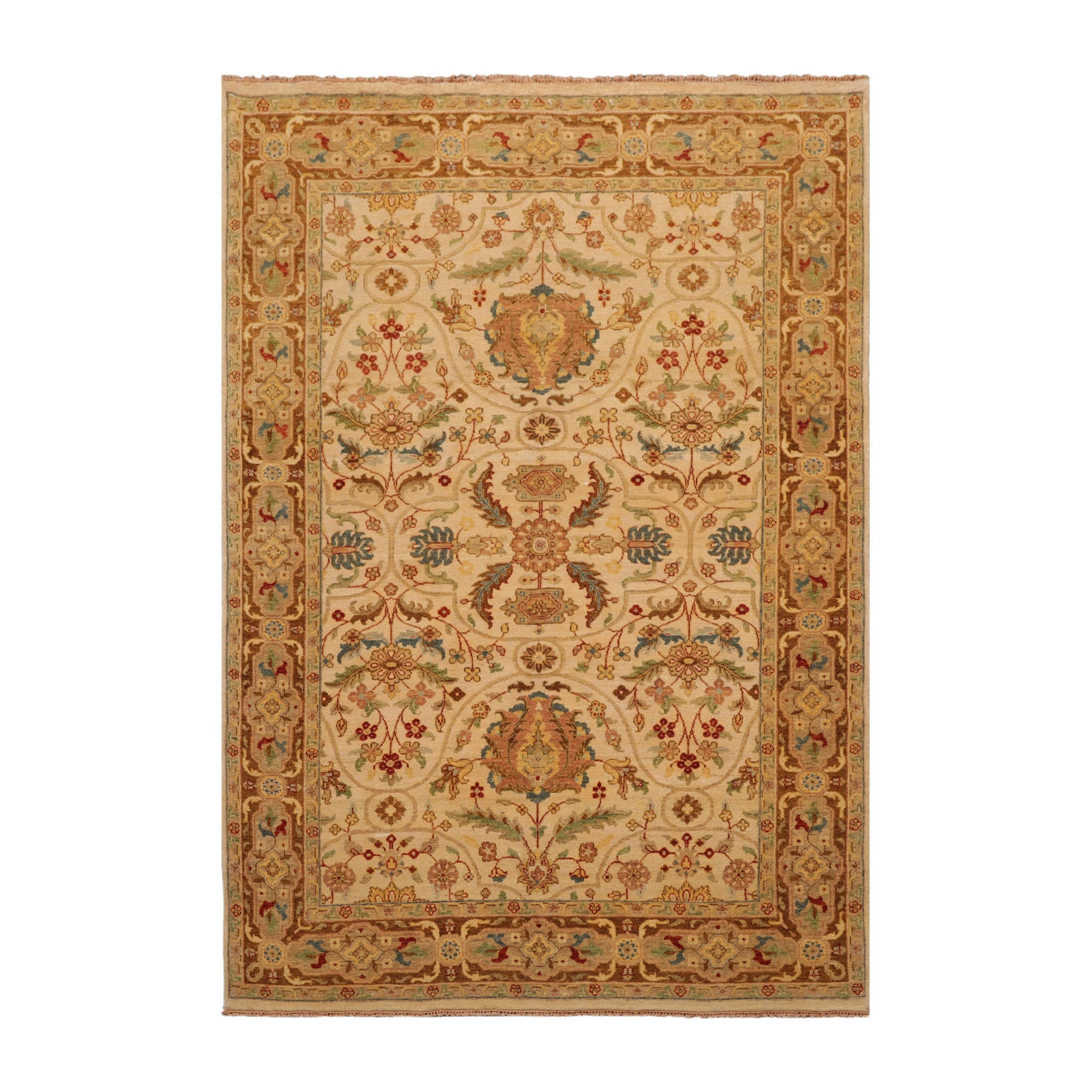 6x9 Beige, Brown, Turquoise Color Hand Knotted All-Over 100% Wool Traditional Oriental Rug