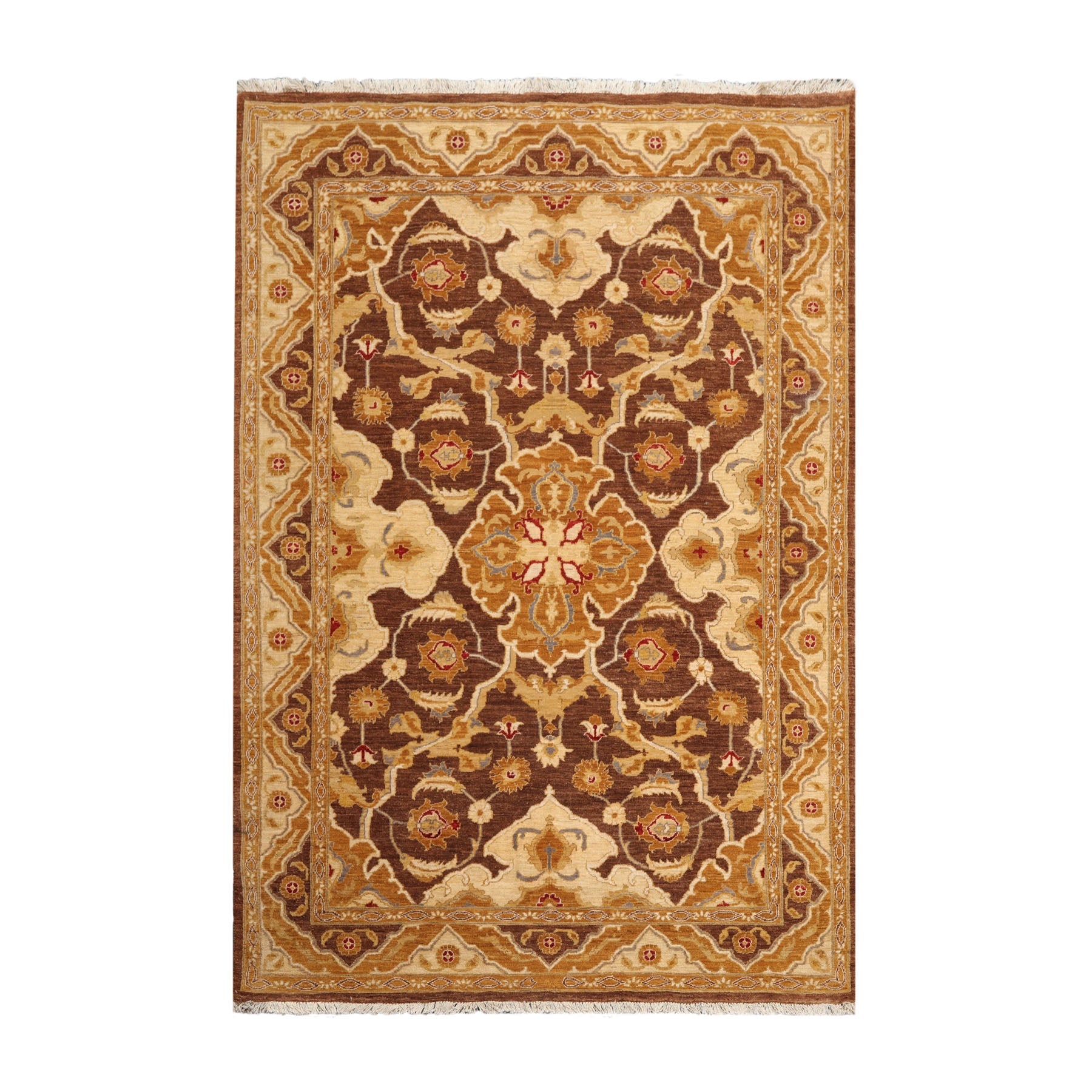 6x9 Brown, Beige, Gold Color Hand Knotted All-Over 100% Wool Traditional Oriental Rug