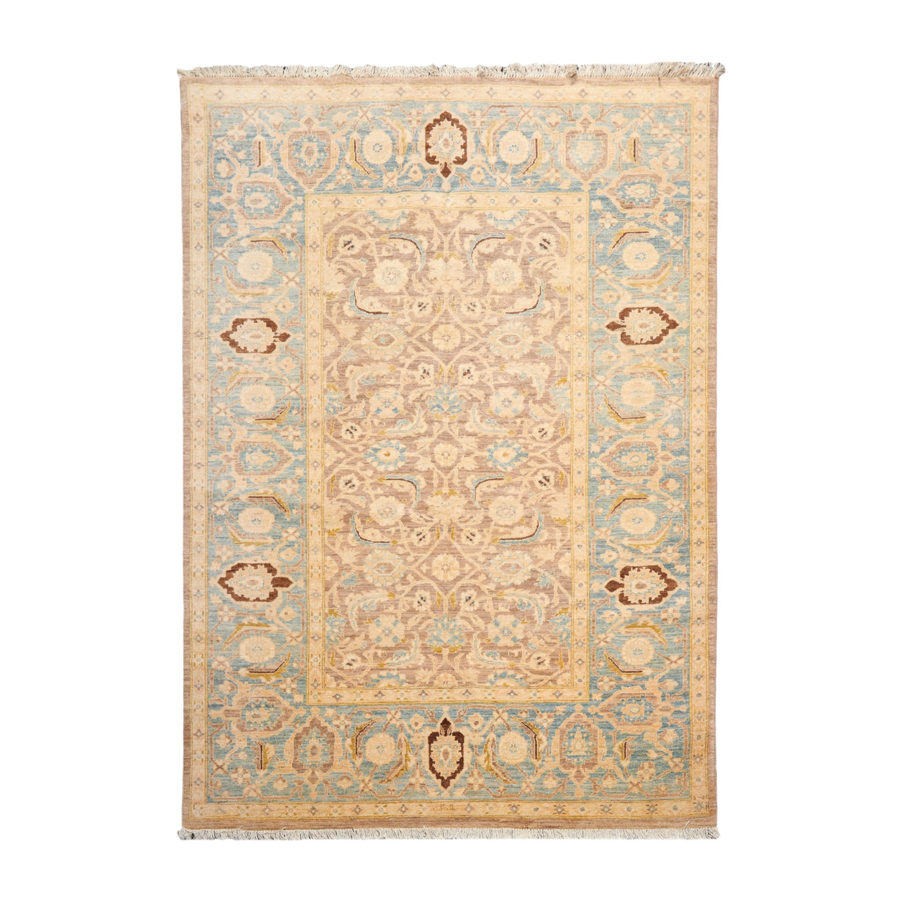 6x9 Taupe, Aqua, Brown Color Hand Knotted All-Over 100% Wool Traditional Oriental Rug