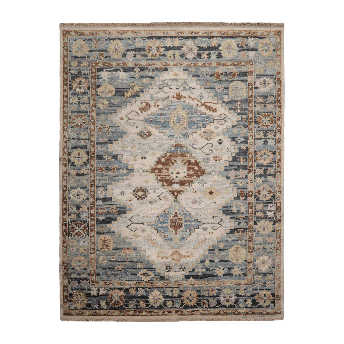 Multi Size Beige, Slate Hand Knotted Loom Bloom Muted Oushak 100% Wool Modern & Contemporary Oriental Area Rug