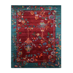 9' x12'  Turquoise Lavender Brown Color Hand Tufted Floral New Zealand Wool Art Deco Oriental Rug
