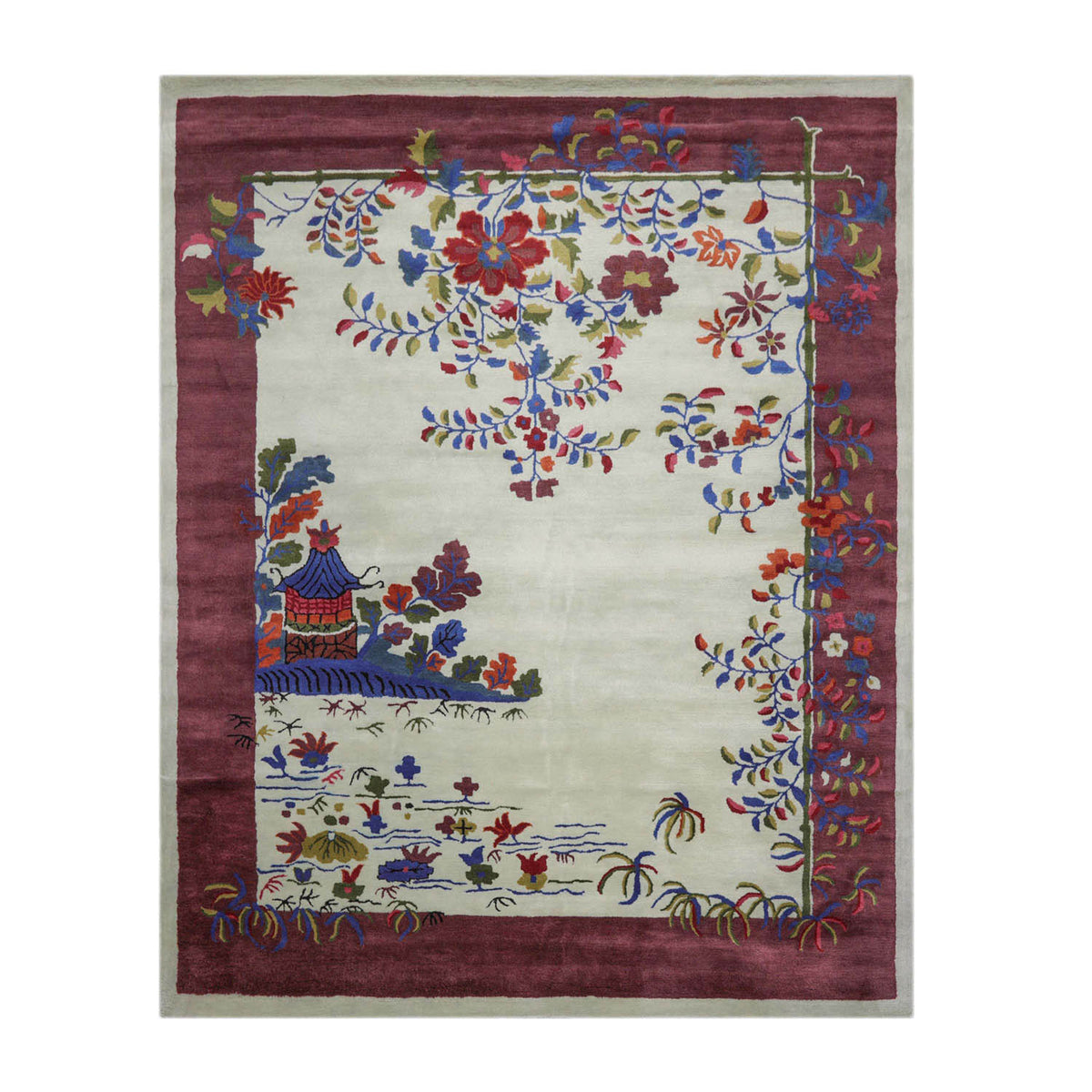 9' x12'  Mint Plum Navy Color Hand Tufted Pictorial New Zealand Wool Art Deco Oriental Rug