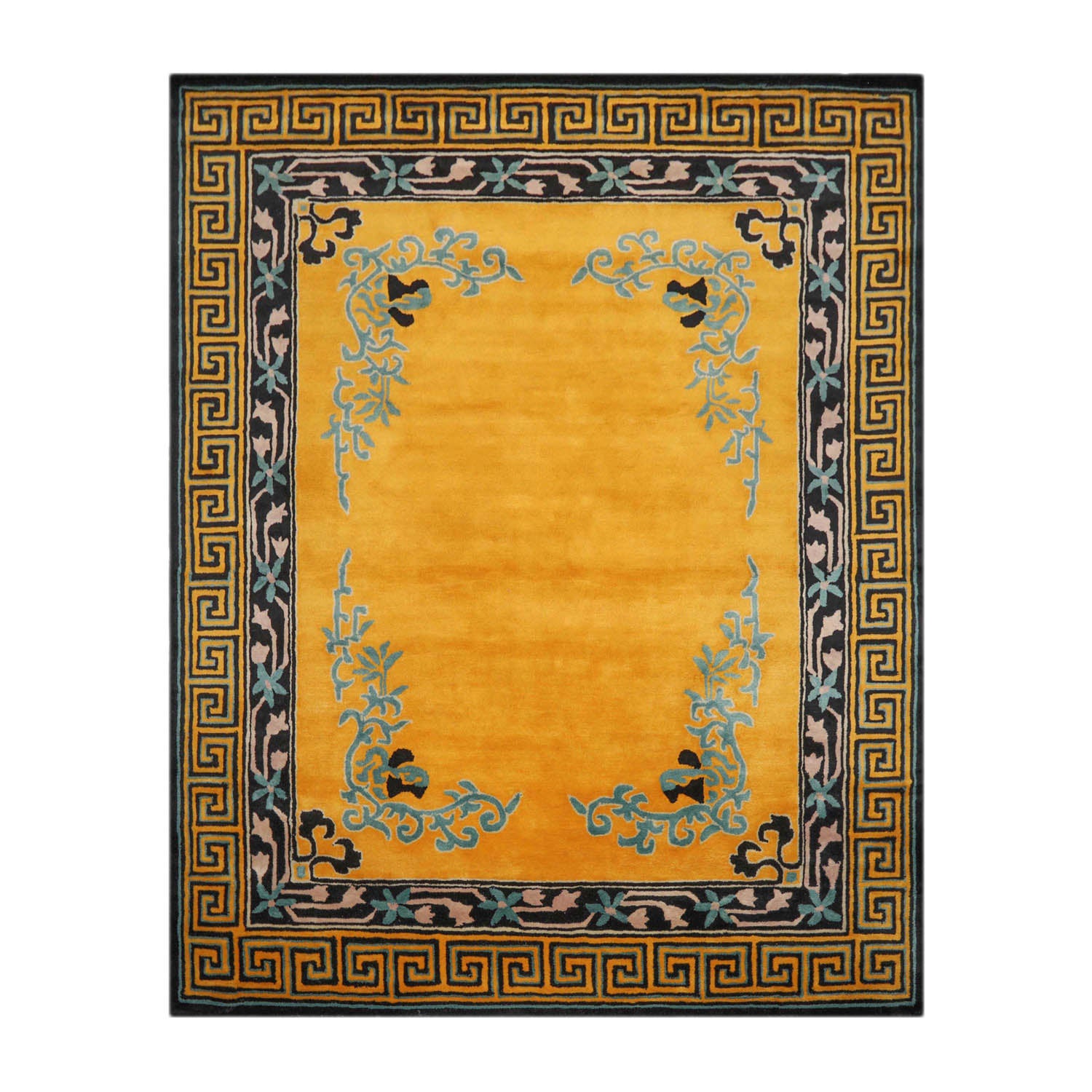 9' x12'  Gold Black Turquoise Color Hand Tufted Bordered New Zealand Wool Art Deco Oriental Rug