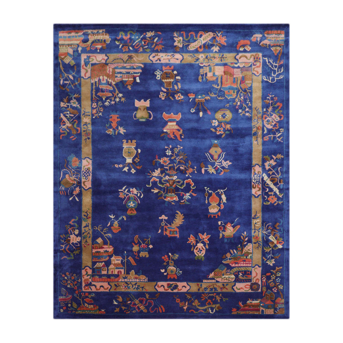 9' x12'  Royal Blue Moss Pink Color Hand Tufted Pictorial New Zealand Wool Art Deco Oriental Rug