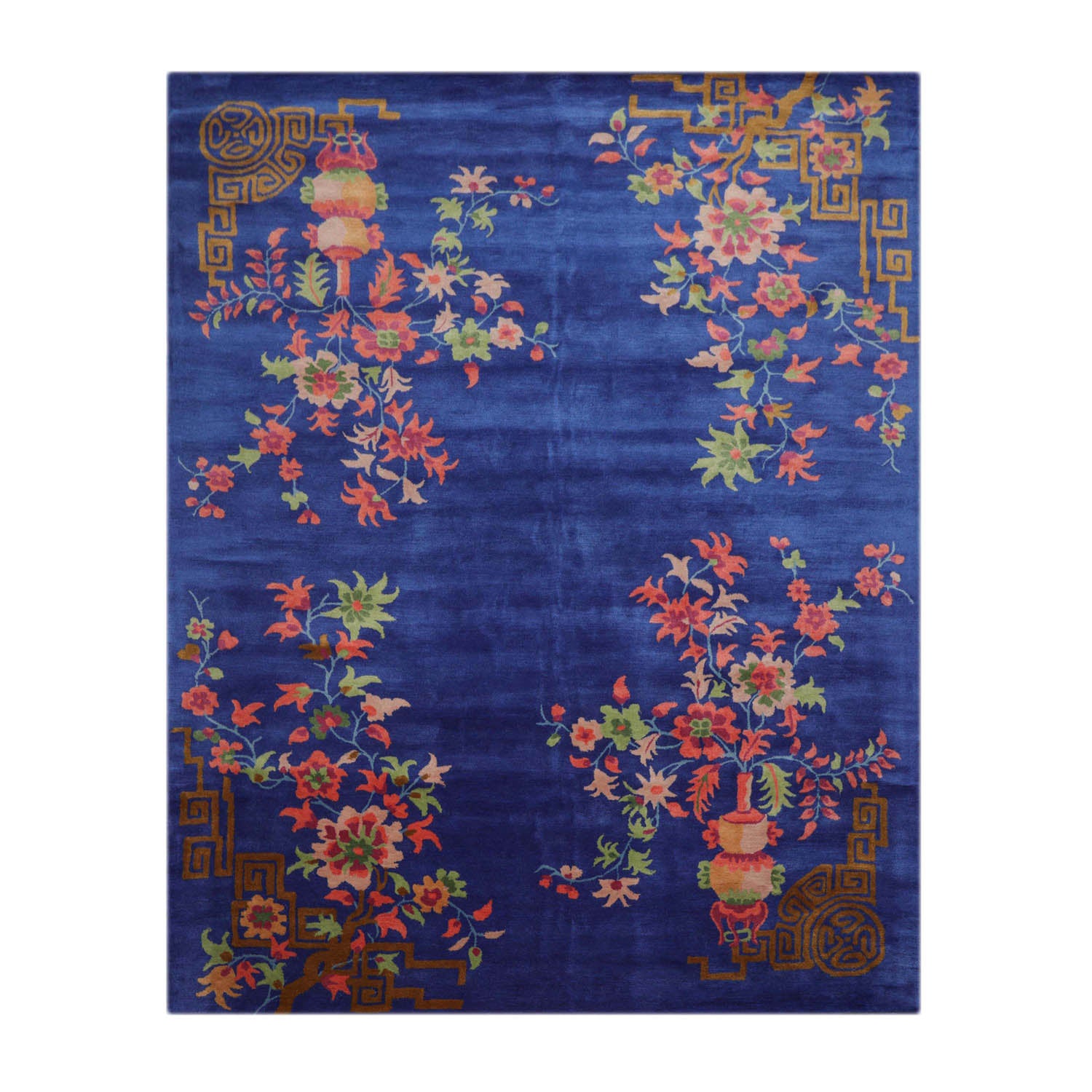 9' x12'  Royal Blue Orange Lime Color Hand Tufted Floral New Zealand Wool Art Deco Oriental Rug