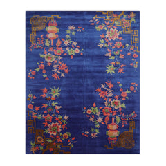 9' x12'  Royal Blue Orange Lime Color Hand Tufted Floral New Zealand Wool Art Deco Oriental Rug