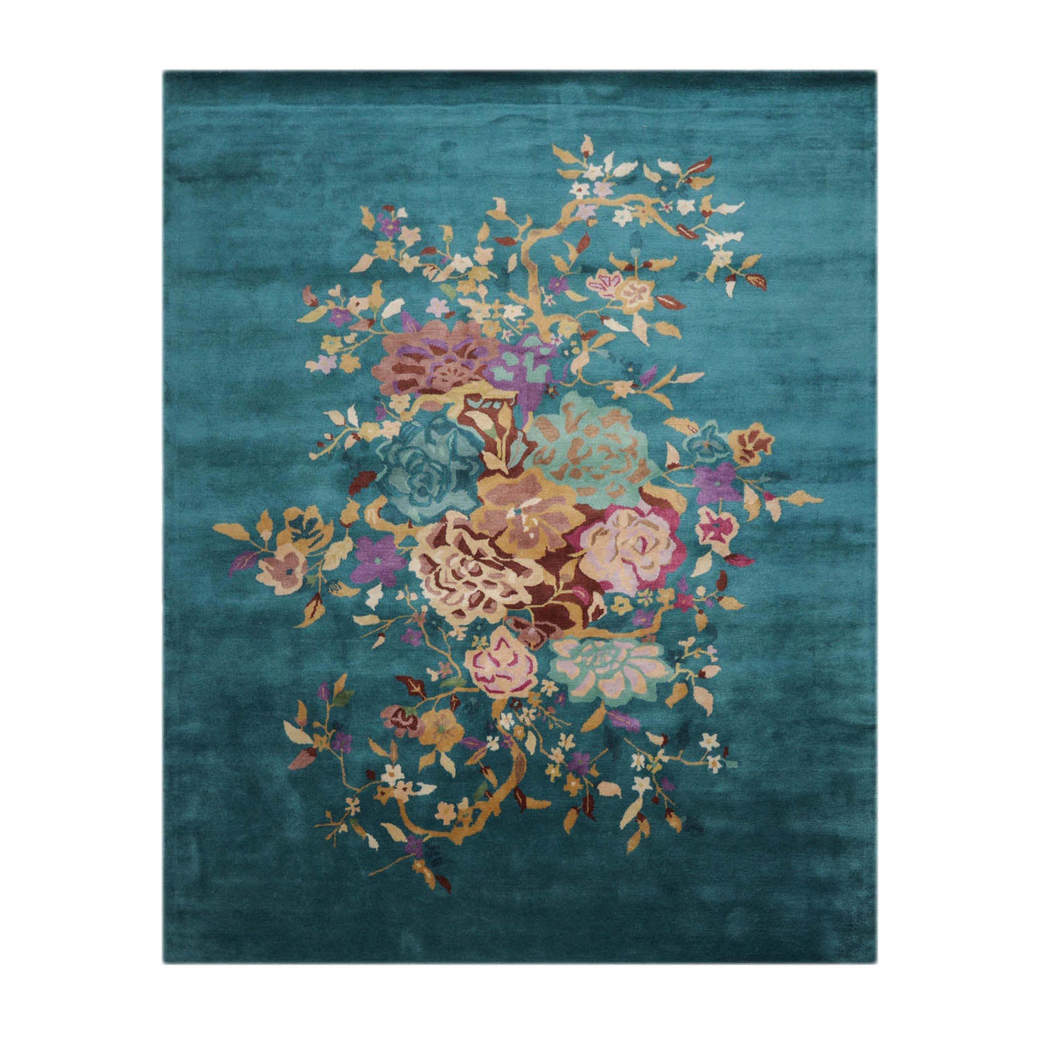 9' x12'  Turquoise Lavender Brown Color Hand Tufted Floral New Zealand Wool Art Deco Oriental Rug