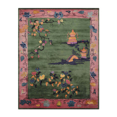9' x12'  Green Pink Gold Color Hand Tufted Pictorial New Zealand Wool Art Deco Oriental Rug