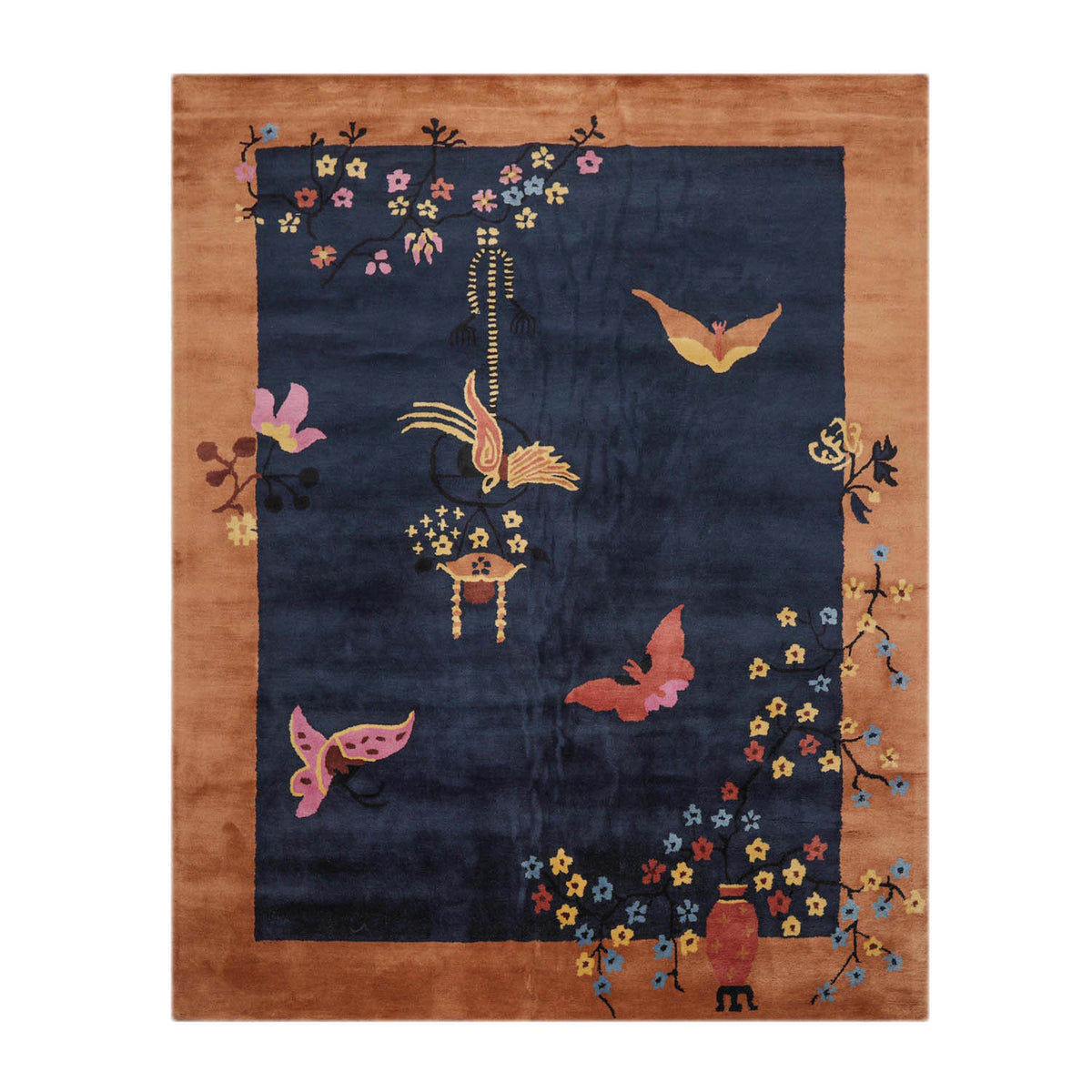 9' x12'  Navy Peach Pink Color Hand Tufted Patterned New Zealand Wool Art Deco Oriental Rug