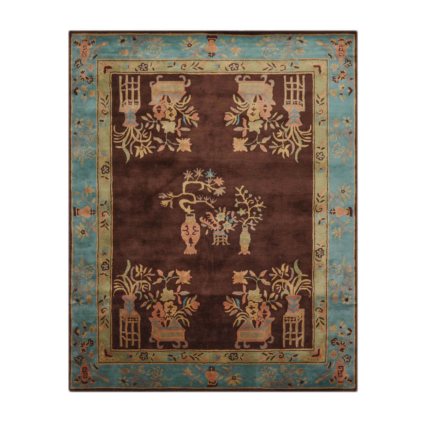 9' x12'  Brown Aqua Mint Color Hand Tufted Patterned New Zealand Wool Art Deco Oriental Rug