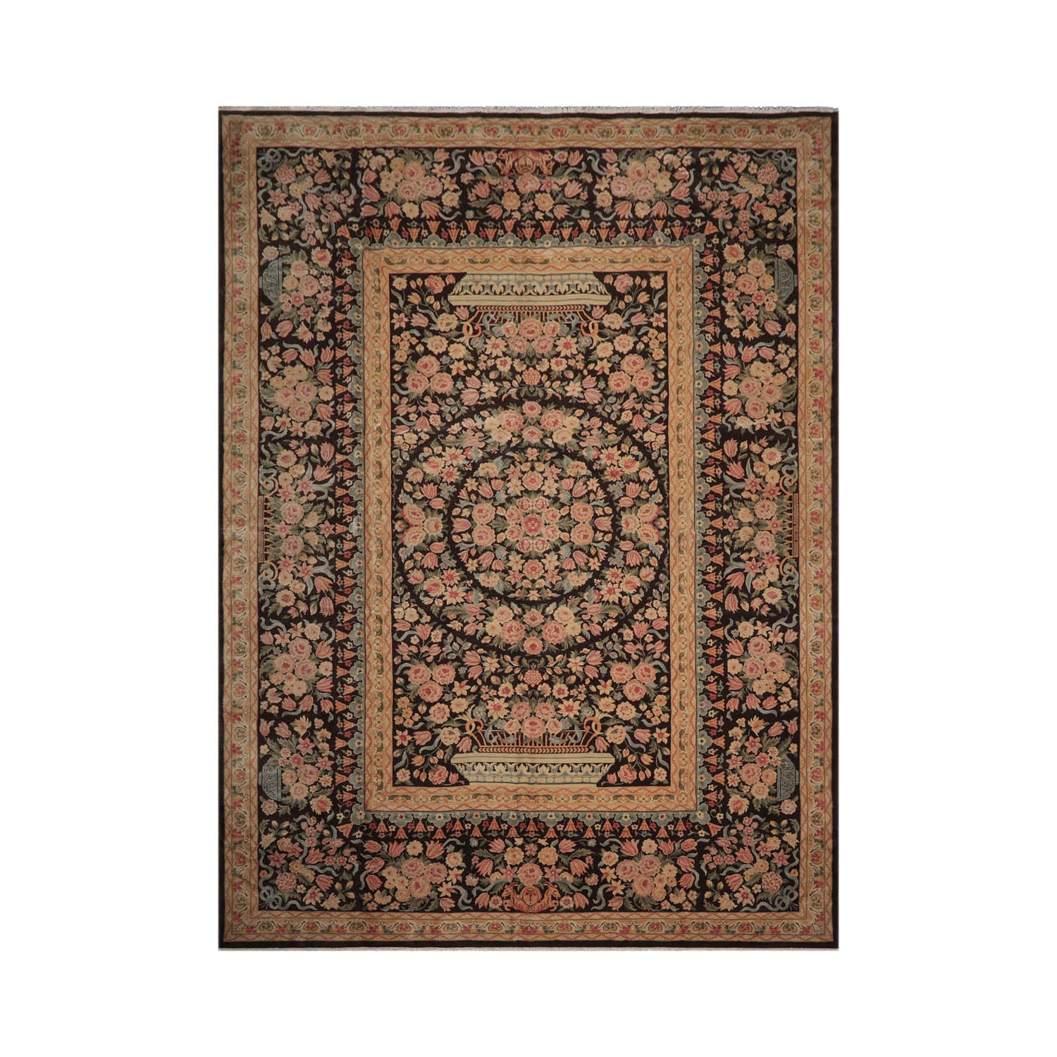 11' 9''x16' 7'' Chocolate Tan Aqua Color Hand Knotted Aubusson Savonnerie 100% Wool Traditional Oriental Rug