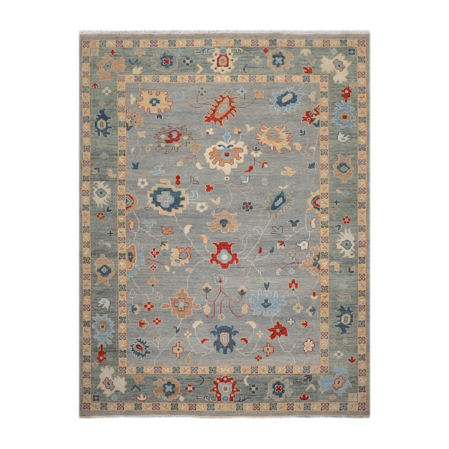 Annwyl 9x12 Slate,Celadon Hand Knotted All-Over Wool Oushak Arts & Crafts  Oriental Area Rug