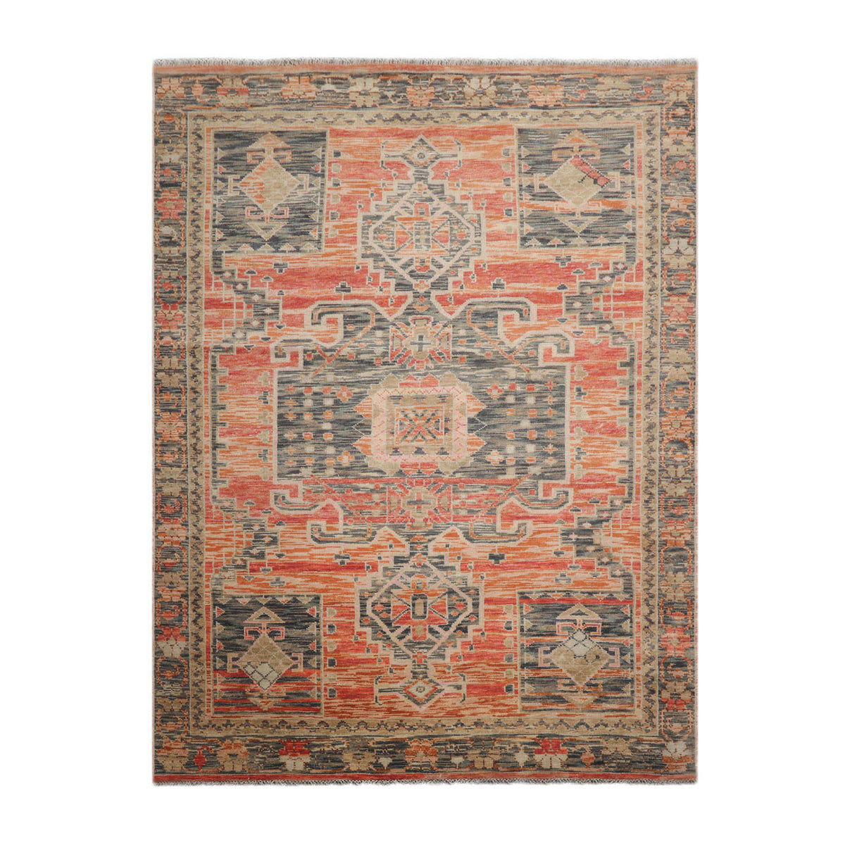 8' 11''x11' 11'' Coral Teal Moss Color Hand Knotted Geometric Wool Tribal Oriental Rug
