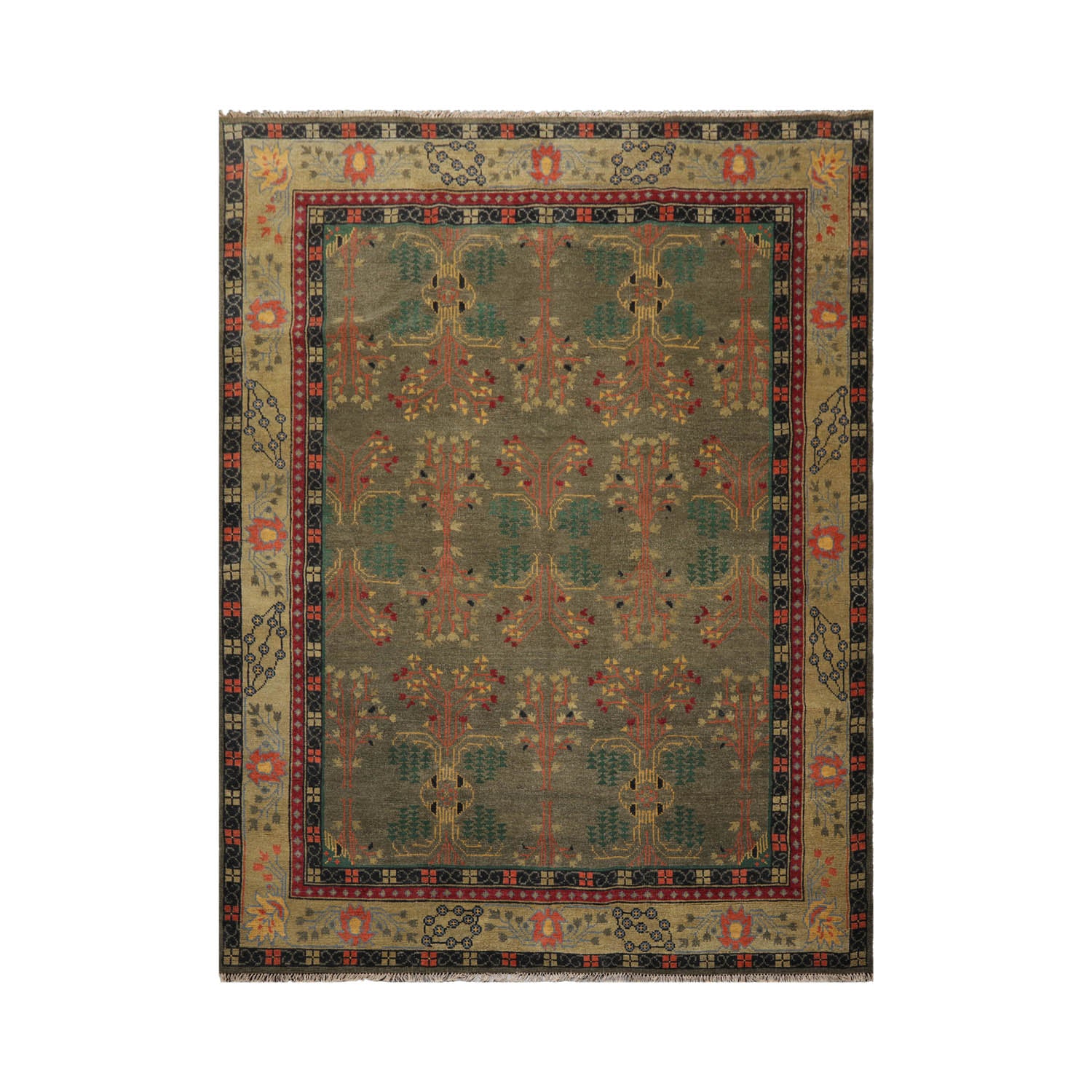 9' x12'  Olive Green Avocado Gold Color Hand Knotted Donegal 100% Wool Arts & Crafts Oriental Rug