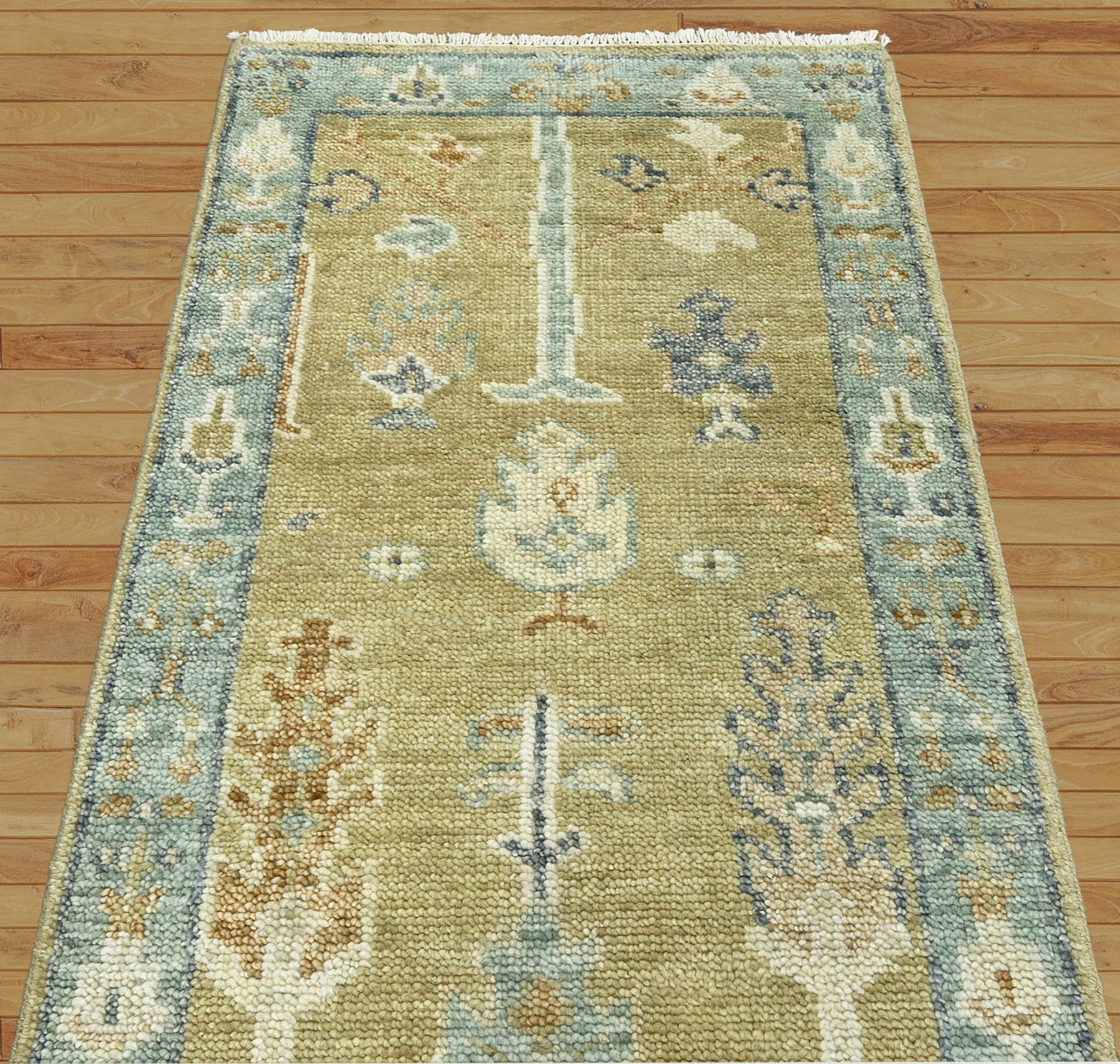 Runner Hand Knotted 100% Wool Oushak Traditional Oriental Area Rug Gold, Light Blue Color