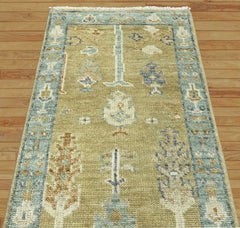 Runner Hand Knotted 100% Wool Oushak Traditional Oriental Area Rug Gold, Light Blue Color