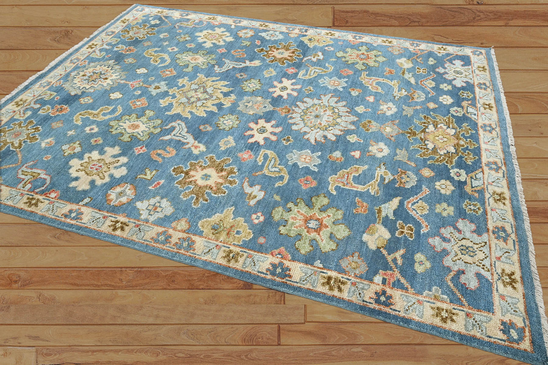 7' 9''x9' 9'' Blue Sage Light Gold Color Hand Knotted Indo Oushak  100% Wool Traditional Oriental Area Rug