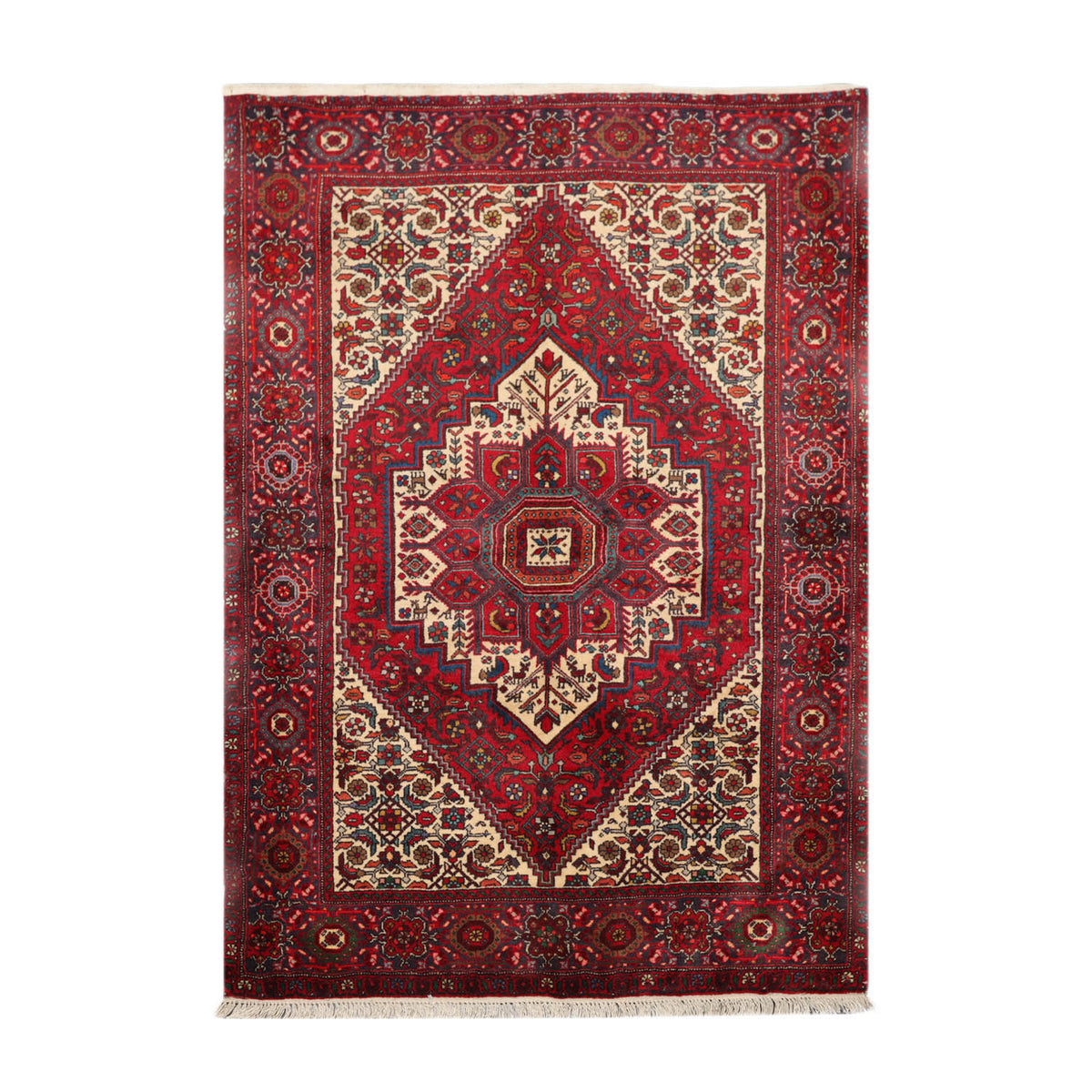 3' 5''x5'  Red Ivory Blue Color Hand Knotted Persian 100% Wool Traditional Oriental Rug