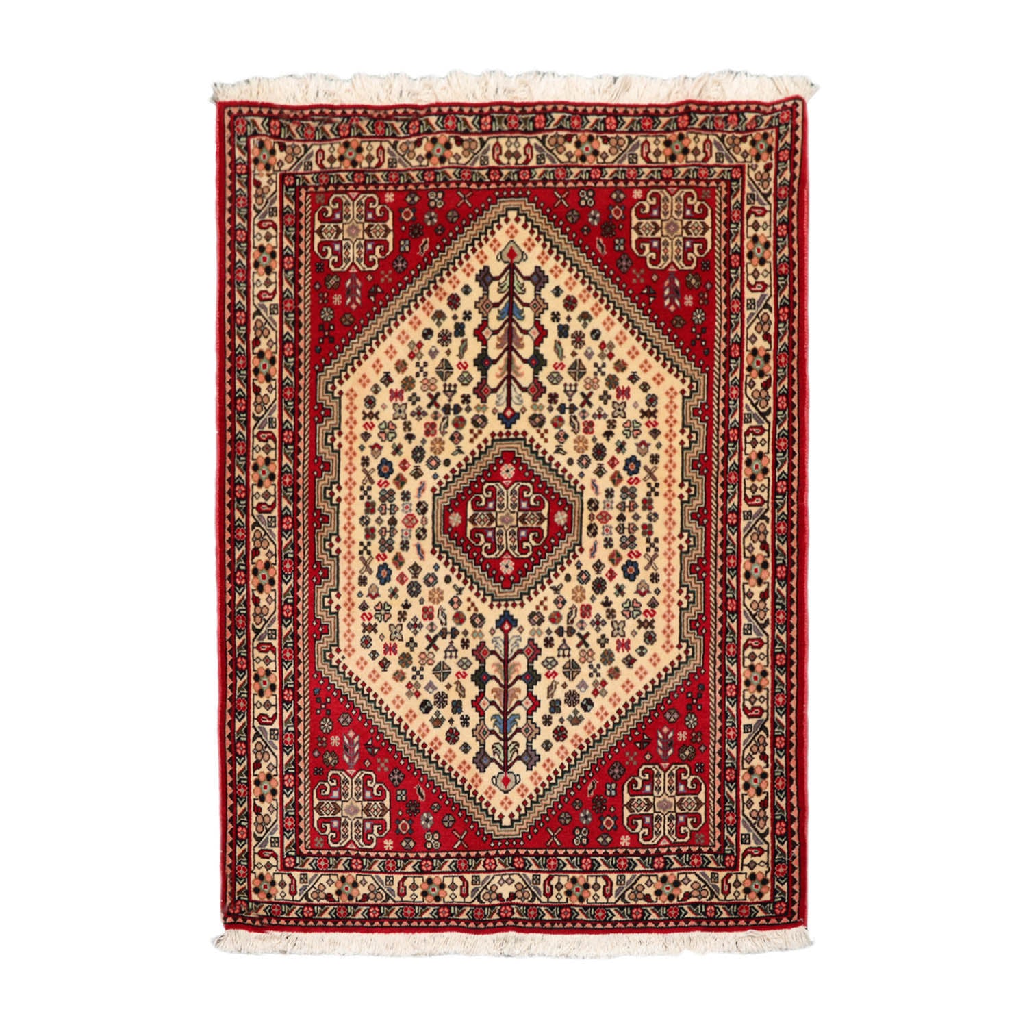 3' 5''x5' 1'' Ivory Red Aqua Color Hand Knotted Persian 100% Wool Traditional Oriental Rug