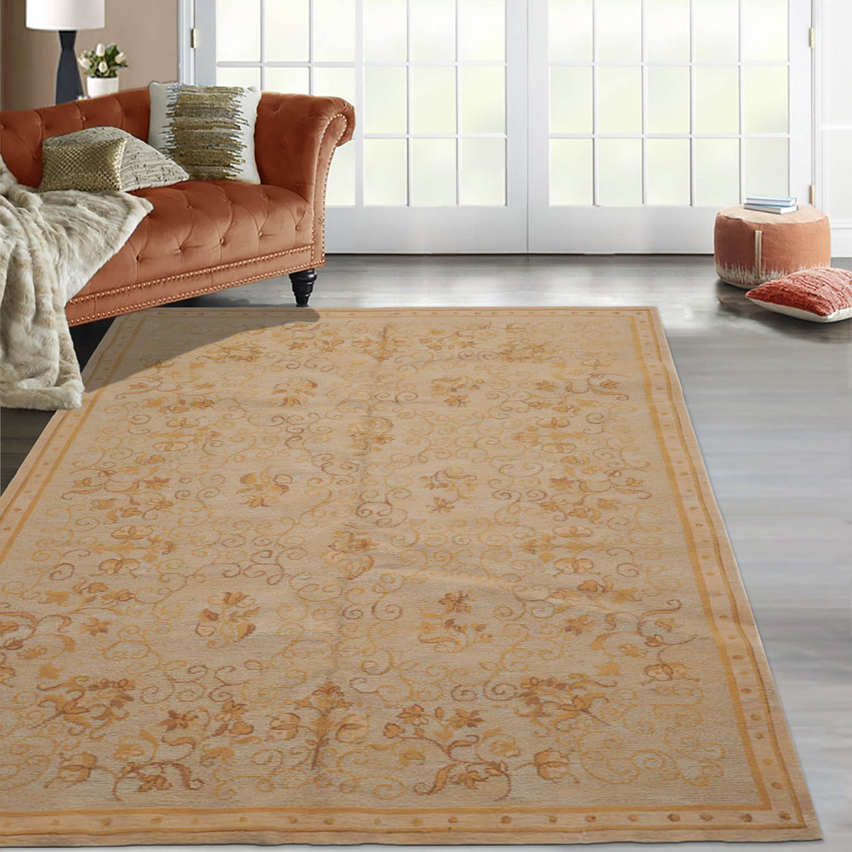 6' x9'  Moss Gold Brown Color Hand Knotted French Aubusson Savonnerie 100% Wool Traditional Oriental Rug