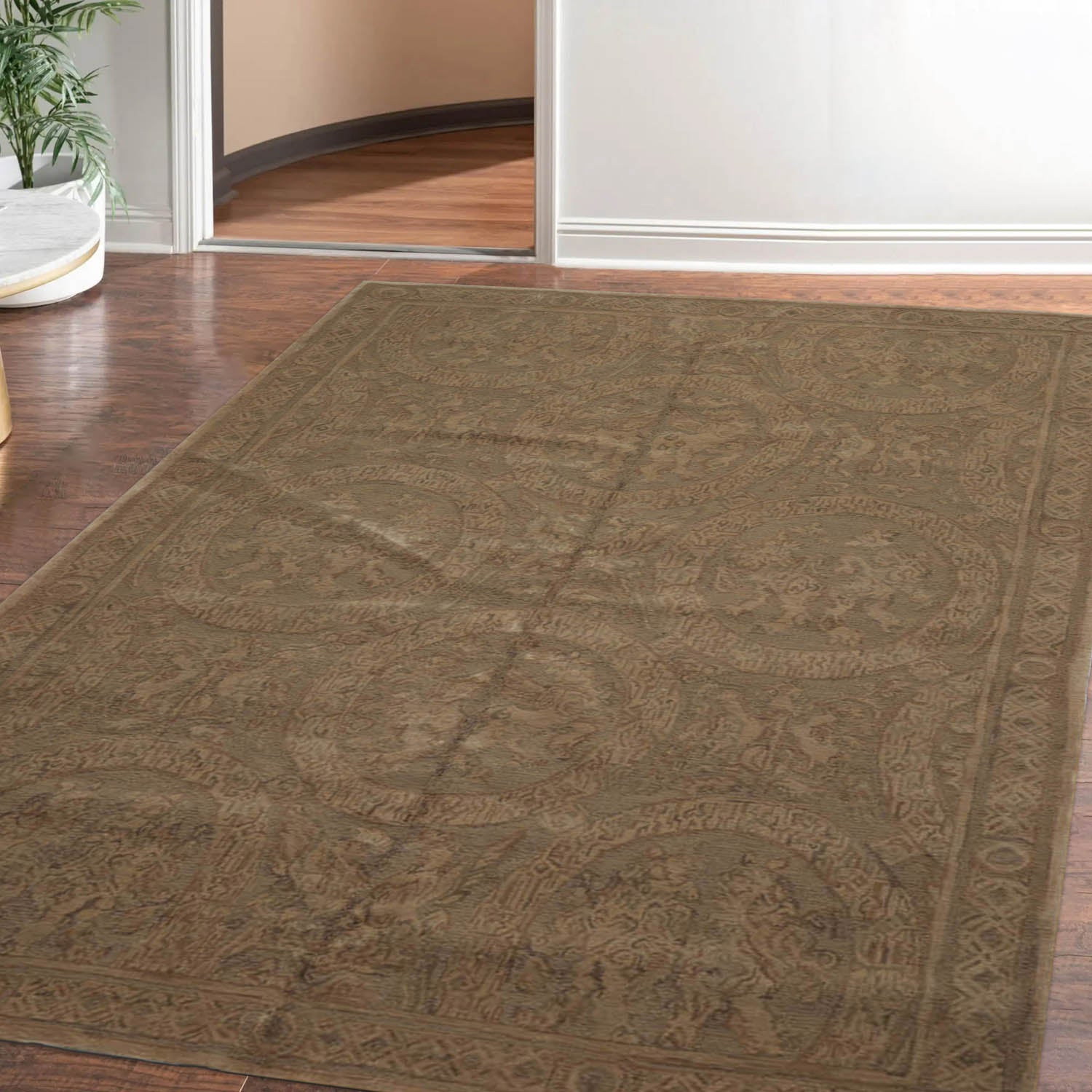 6' x9'  Tone on Tone Olive Color Hand Knotted French Aubusson Savonnerie 100% Wool Traditional Oriental Rug