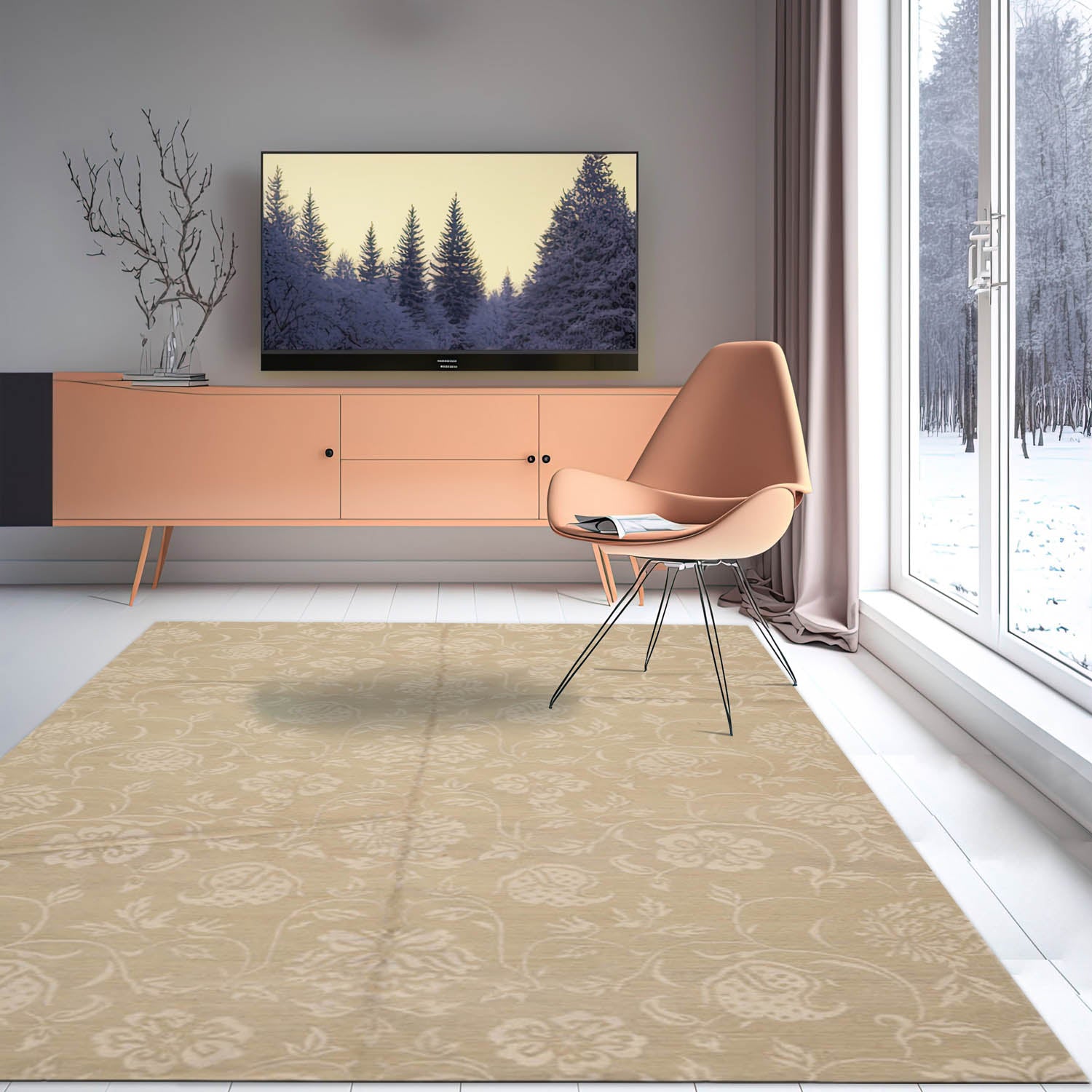 6' x8' 11'' Tone On Tone Beige Color Hand Knotted Tibetan Wool and Silk Transitional Oriental Rug
