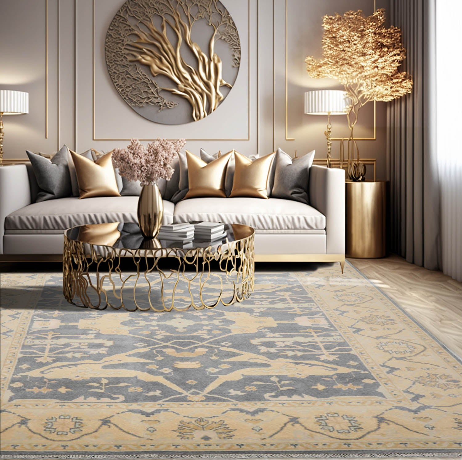 8' 2''x9' 11'' Slate Beige Light Gold Color Hand Knotted Persian 100% Wool Traditional Oriental Rug