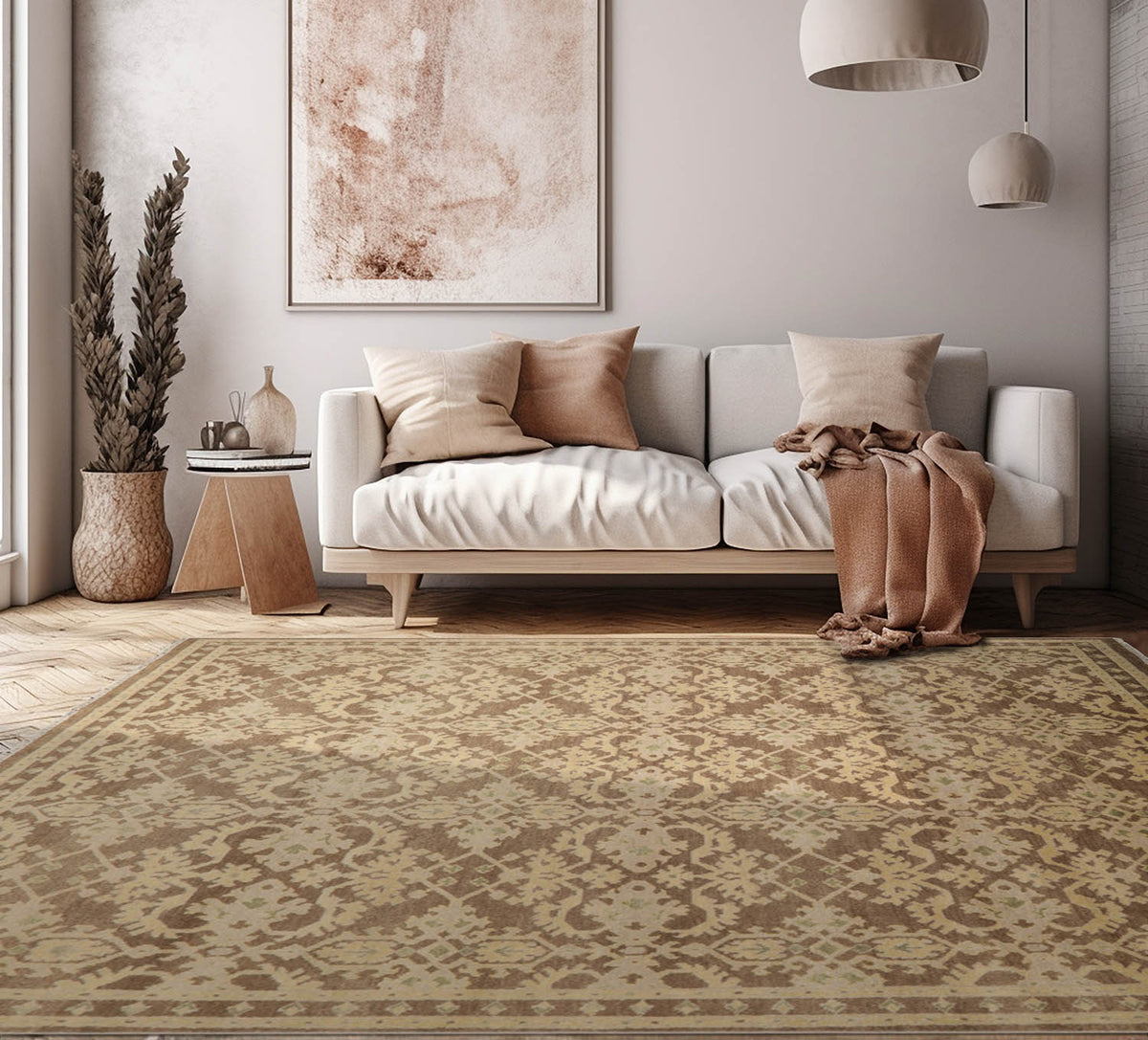 9x12 Brown, Tan, Light Gold Color Hand Knotted All-Over 100% Wool Traditional Oriental Rug