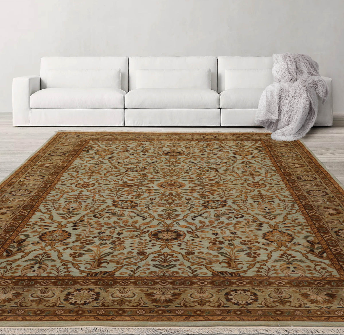 6x9 Aqua, Champagne, Brown Color Hand Knotted All-Over 100% Wool Traditional Oriental Rug