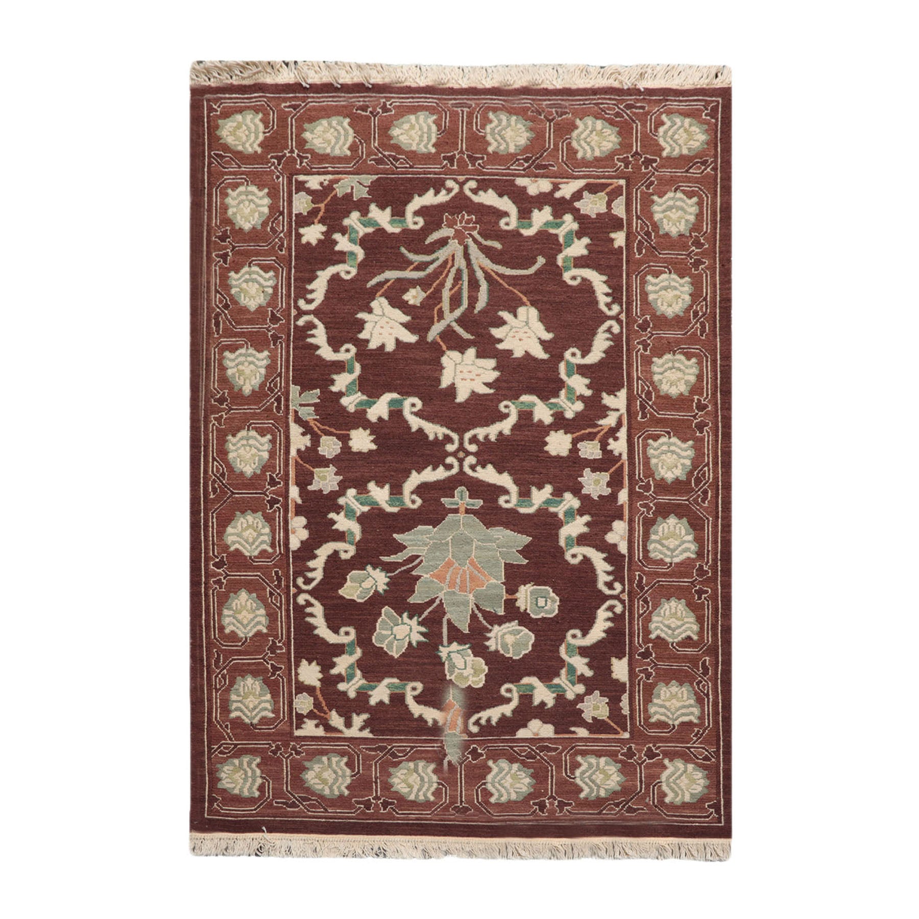4x6 Chocolate, Mint, Beige Color Hand Knotted All-Over 100% Wool Traditional Oriental Rug