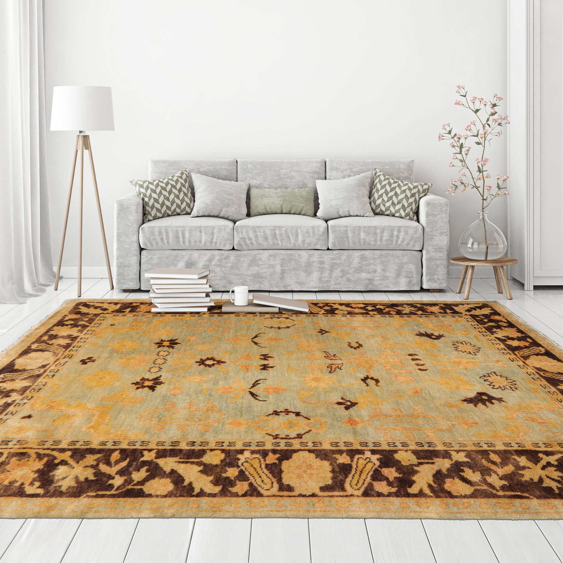 6' 1''x9' 1'' Pale Aqua Chocolate Gold Color Hand Knotted All-Over 100% Wool Traditional Oriental Rug