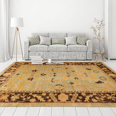 6' 1''x9' 1'' Pale Aqua Chocolate Gold Color Hand Knotted All-Over 100% Wool Traditional Oriental Rug