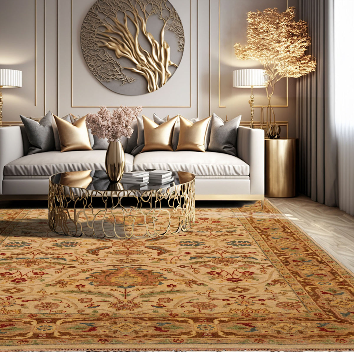 6x9 Beige, Brown, Turquoise Color Hand Knotted All-Over 100% Wool Traditional Oriental Rug