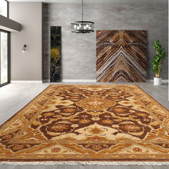 6x9 Brown, Beige, Gold Color Hand Knotted All-Over 100% Wool Traditional Oriental Rug